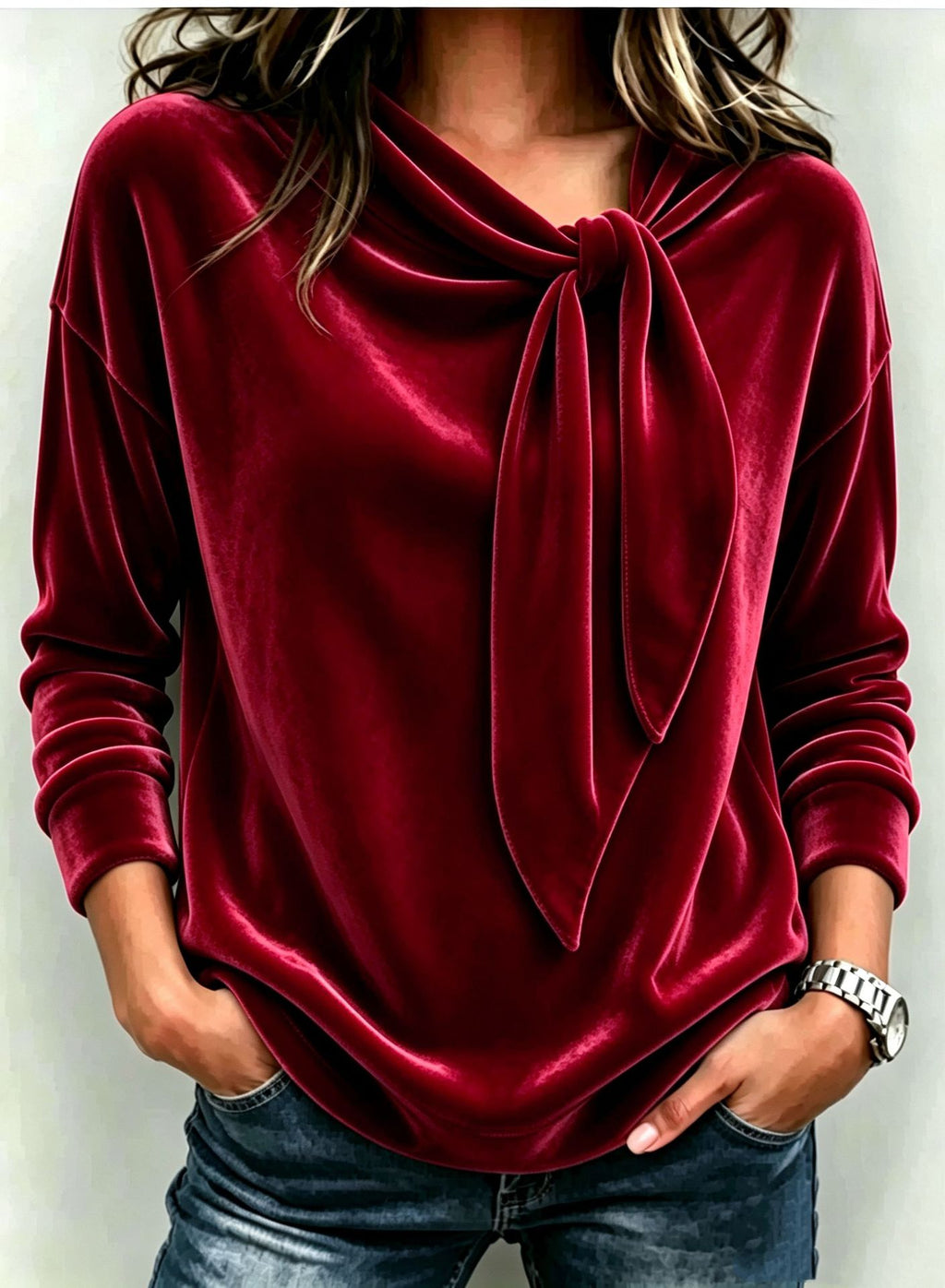 Blusa Lisa com Laço e Manga Longa