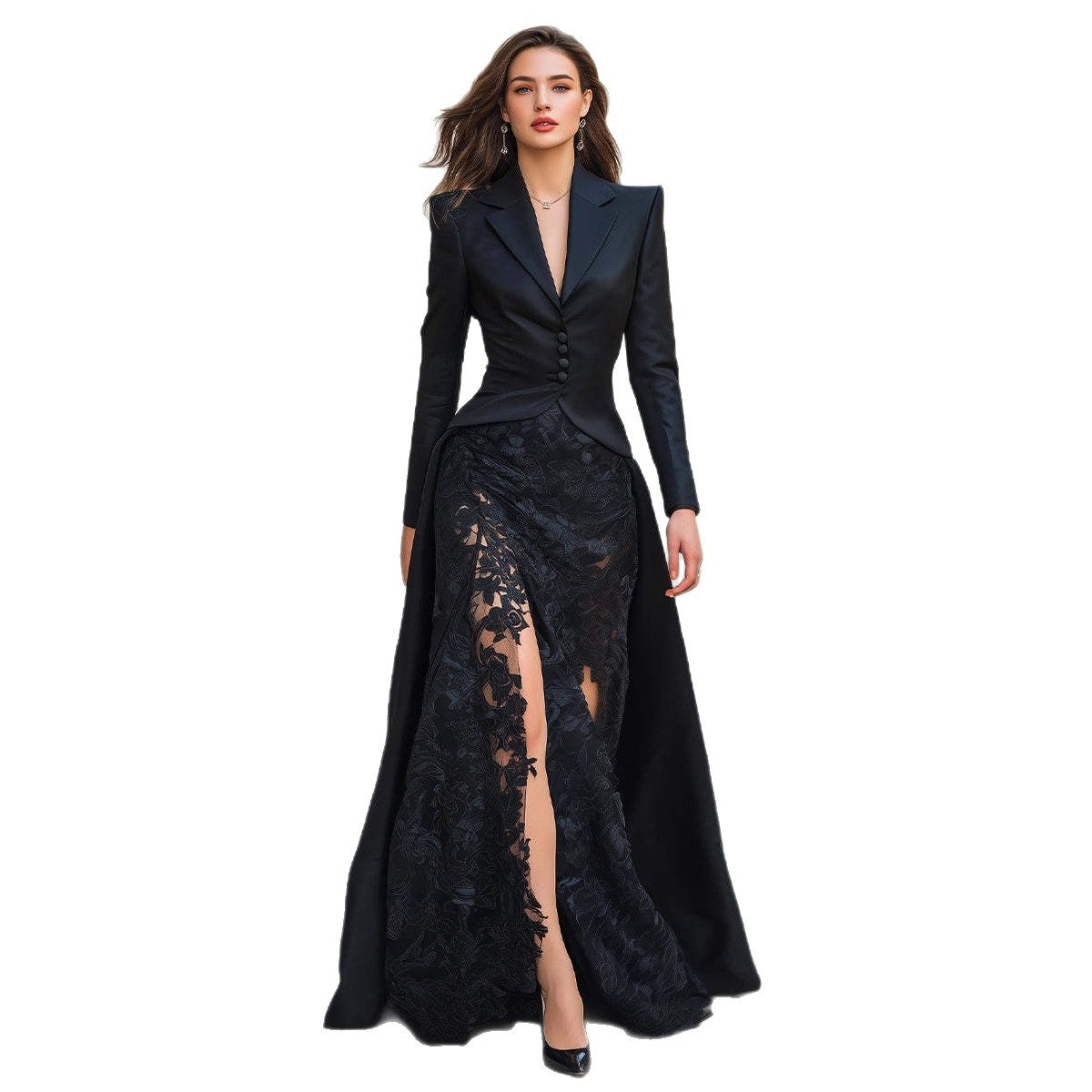 Vestido Longo Manga Longa com Renda e Colarinho