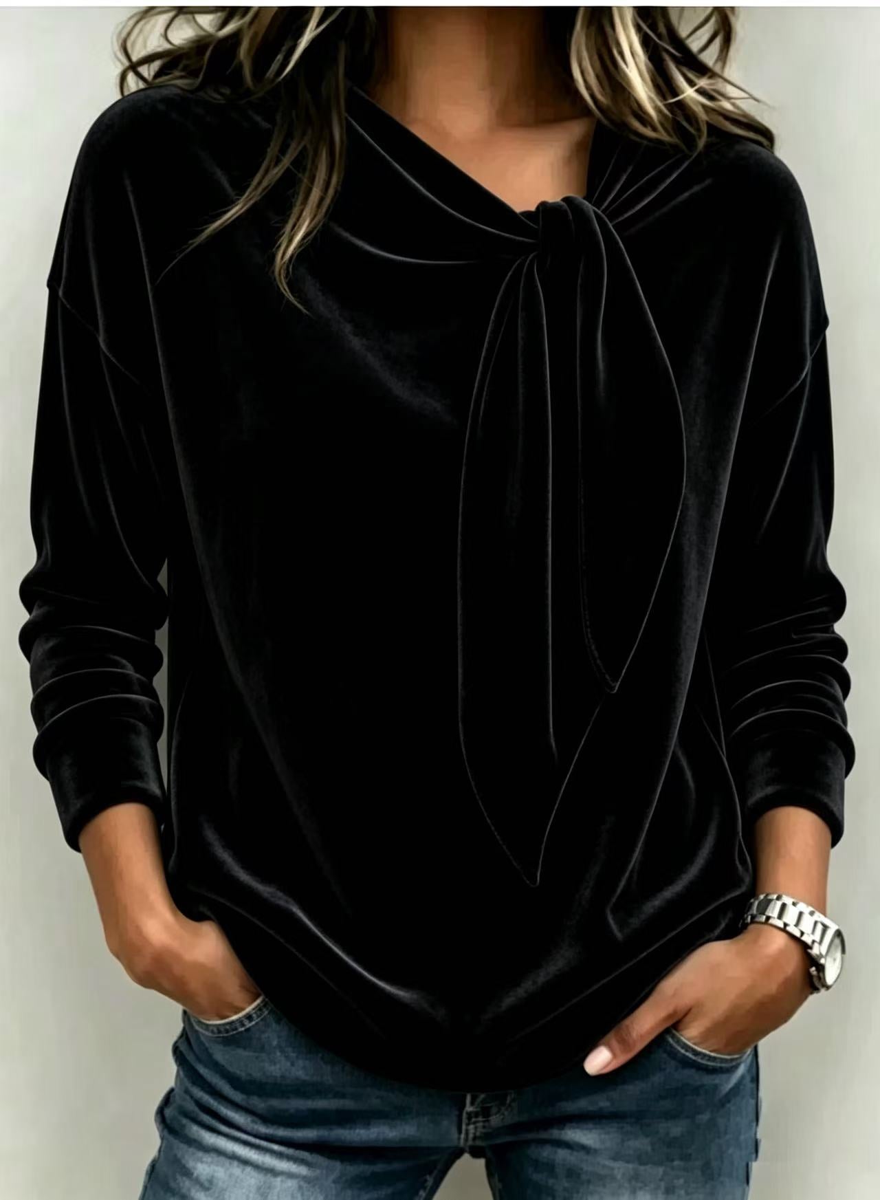Blusa Lisa com Laço e Manga Longa